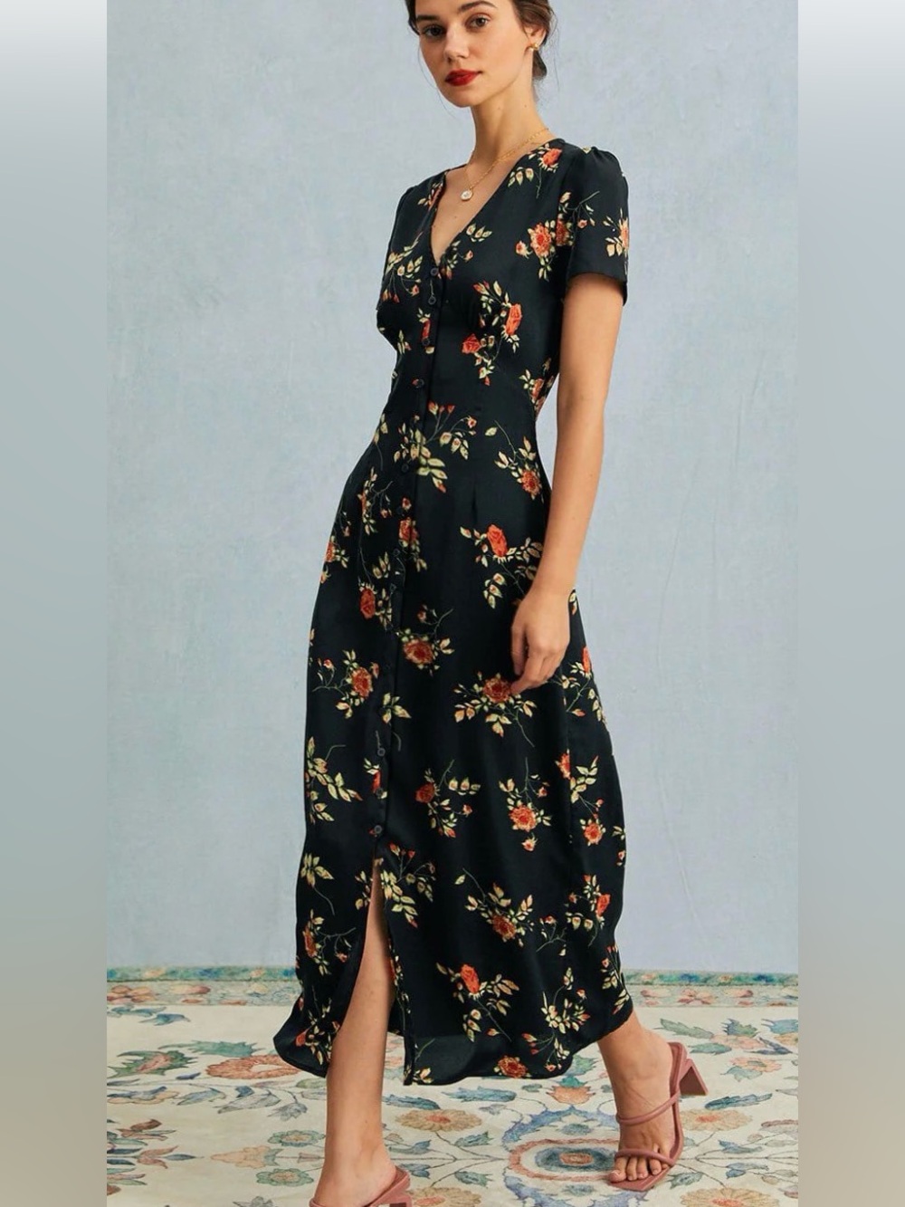 RIHOAS Black Floral Midi Dress with Red & Cream Blooms